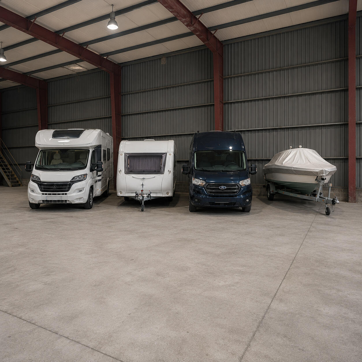 Klar markierte Hallenstellplätze für Fahrzeuge jeder Größe Moderne Fahrzeughalle mit nummerierten Stellplätzen für Wohnmobil, Wohnwagen, Campervan und Boot. Großzügige Rangierflächen und klar abgegrenzte Stellplätze sorgen für eine sichere und übersichtliche Fahrzeugunterstellung in Schwäbisch Hall-Sulzdorf.