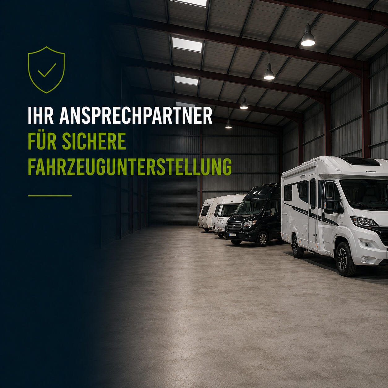 Ihr Ansprechpartner für sichere Fahrzeugunterstellung Moderne, beleuchtete Fahrzeughalle mit klar markierten Stellplätzen für Wohnmobile, Wohnwagen und Transporter. Sichere und trockene Unterstellung mit großzügigen Rangierflächen in Schwäbisch Hall-Sulzdorf.